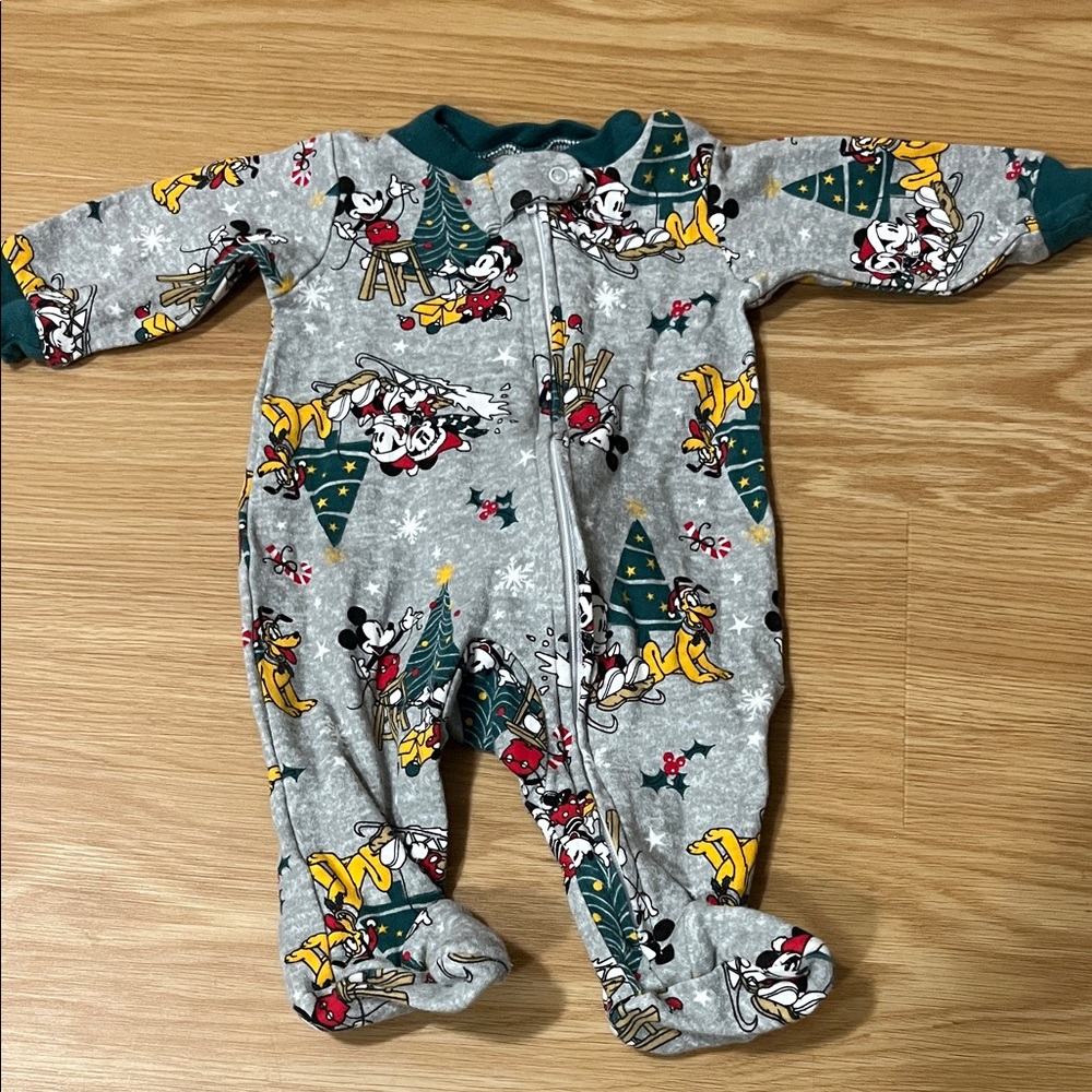 Disney Newborn Gray and Green‎ Mickey Mouse Holiday Footie Sleeper